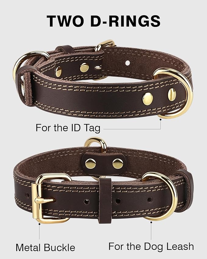 Joytale Genuine Leather Dog Collar for Large Dogs, Heavy Duty Thick Solid Leather for Power Breeds, Sturdy Adjustable Pet Collar with Metal Pin Buckle, Durable for Daily Walking, Brown, XL