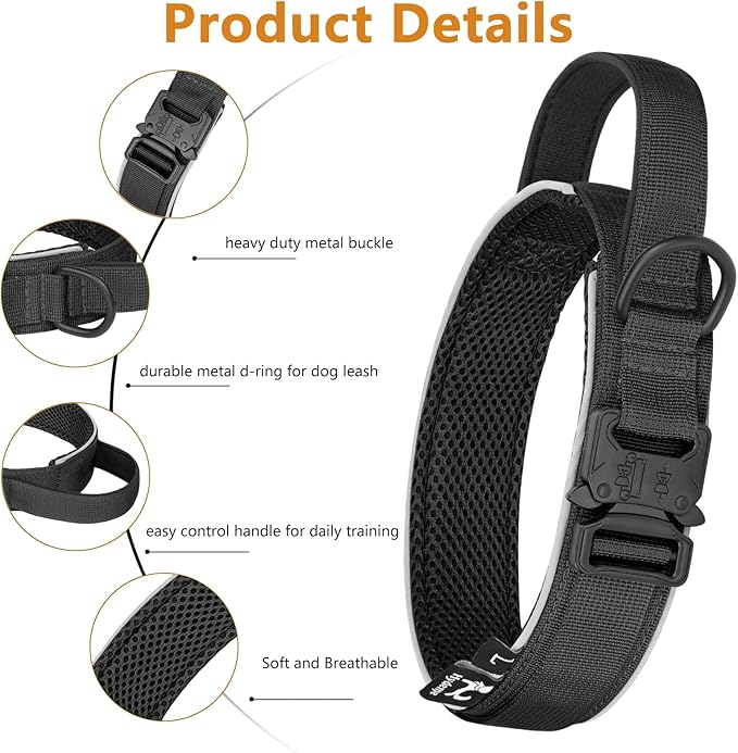 HYDEME Tactical Dog Collar and Leash Set, Alpine Loop Adjustable Reflective Military Training Nylon Dog Collars with Handle Shock Retractable Dog Leash for Small Medium Large Dogs.(XL,Black-Set)