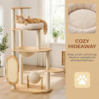 Solid Rubber Wood Cat Tree Tower with Scratching Posts Cat Scratching Ball and Board Washable Easy Clean for Large & Multi-Cat Homes