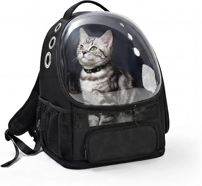 Amazon Basics Pet Carrier Backpack for Small Cats & Dogs, Collapsible Travel Carrier with Bubble Window & Breathable Mesh, Foldable for Travel, Black