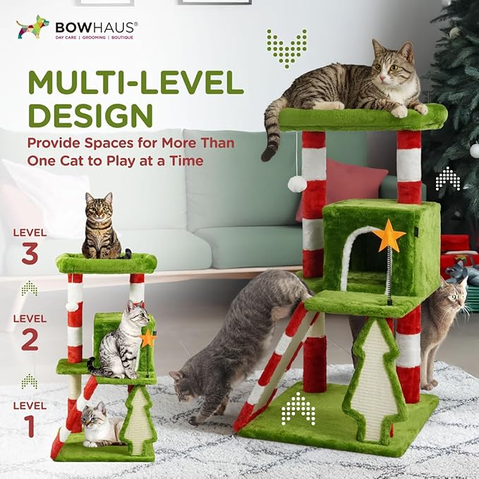 Christmas Cat Tree, Multi-Level Holiday Activity Cat Tree Tower with Scratching Post, Cozy Hammock, Fluffy Play Ball & Cave Condo, Indoor Christmas Decoration for Kitties, Gifts for Cat Owners
