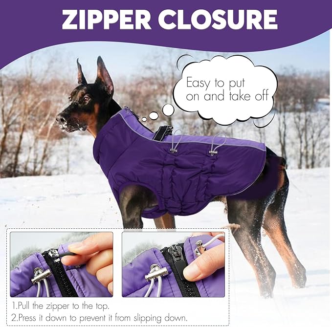 IDOMIK Warm Dog Coat with Harness, Waterproof Reflective Dog Jackets for Small Medium Large Dogs, Fleece High Collar Winter Jacket with Zipper, Pet Winter Snowsuit Clothes for Cold Weather,Purple L