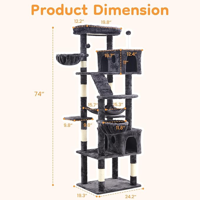 74" Cat Tree Tower with Scratching Posts, Condos, Perch, Hammocks & Toys, Cat Tree for Indoor Cats Large Adult, Ideal for Multi-Cat Households, Dark Gray