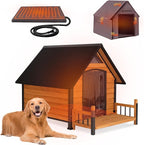 GUTINNEEN Outdoor Heated Dog House Anti-Bite Weatherproof Dog Kennel Puppy Shelter Indoor with Heating Pad, All-Around Insulated Liner and Porch for Large Breed, 45" D x 32.9" W x 32.6" H (Brown)