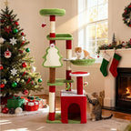AQUILLA 55.1in Christmas Cat Tree Tower for Indoor Cats, Multi-Level Cat Condo with Sisal Scratching Posts, Cozy Hammock & Top Perches, Red & Green Holiday Pet Play House for Large Cats and Kittens