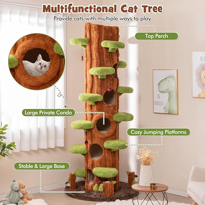 PETSITE 90.5 Inch Tall Cat Tree, Tree-Like Modern Cat Tower with Sisal Scratching Pad, Five Cat Condos, Cute Hanging and Spring Toys, Large Cat Tree Tower for Indoor Cats (Brown)