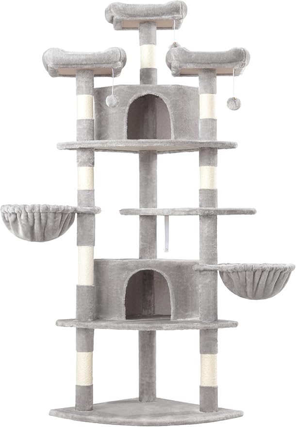 WEEWAY 73in Multi-Level Cat Tree with a Fan-Shaped Base, 2 Cozy Condos, 2 Hanging Baskets, Unique Perch, Sisal Scratching Posts, Hanging Balls, Ideal for Multiple Indoor Kitties, Grey