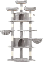 WEEWAY 73in Multi-Level Cat Tree with a Fan-Shaped Base, 2 Cozy Condos, 2 Hanging Baskets, Unique Perch, Sisal Scratching Posts, Hanging Balls, Ideal for Multiple Indoor Kitties, Grey