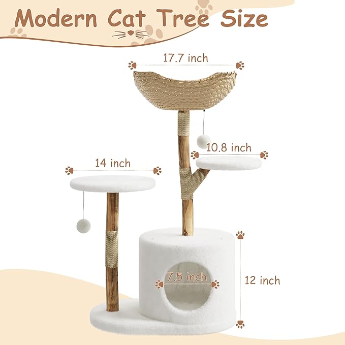 Modern Real Wood Cat Tree Tower for Large Cats | Luxury Pear Wood Condo with Platforms, Scratching Posts & All-Season Mats, 43" Aesthetic Cat Furniture, 2 Branch