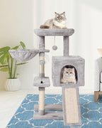 MIAO PAW Grey Cute Cat Tree Tower for Indoor Cats Condo with Sisal Scratching Posts Jump Platform Furniture Activity Center Play House Bed