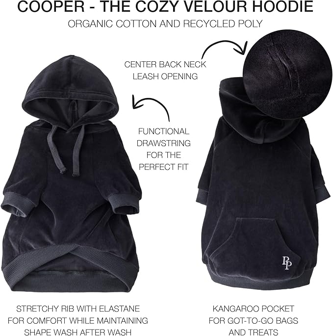 Cooper II Organic Cotton Velour Dog Hoodie Pet Coat for Small, Medium and Large Dogs, Black, X-Large (55-80 lbs)