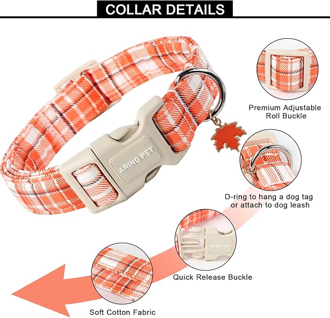 ARING PET Fall Dog Collars, Cute Orange White Plaid Halloween Autumn Pumpkin Maple Leaves Pet Collar with Quick Release Buckle for Small Medium Large Girl Boy Dogs-S