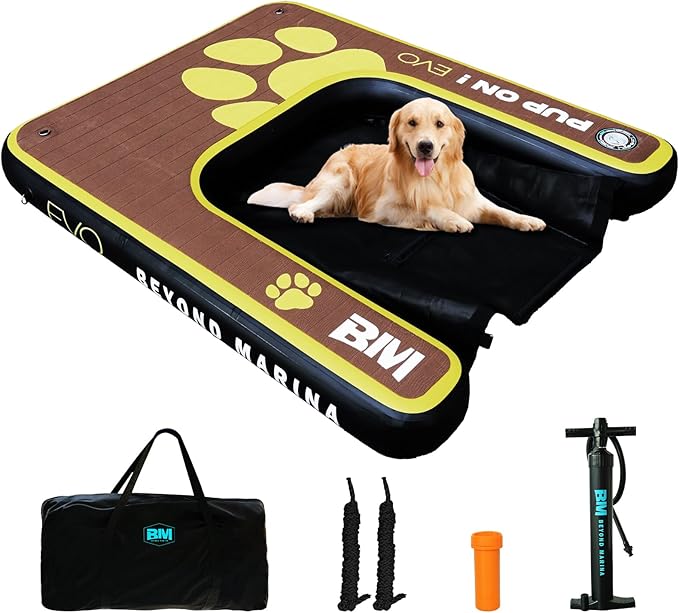 Beyond Marina Dog Pool Ramp - Inflatable Dog Water & Boat Ramp for Lake, Floating Pontoon Dock Ladder with Non-Slip EVA, PUP ON Full EVA, Extra Large 59" x 47" x 6", Teak/Yellow, Supports 230 lbs