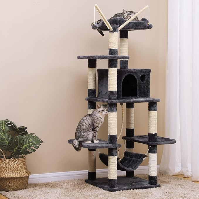 FEANDREA B01J7AN53C XXL Climbing Tree, Stable Cat Tree with Hammock, Cave, Play Sisal, 154 cm, Smoke Grey Beige Light Grey PCT86G, 15600 g