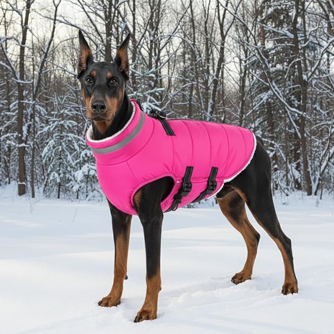 Mklhgty Small Dog Coat with Harness Built-in, Waterproof Reflective Fleece Lined - Warm Windproof Winter Jacket with Back Zipper, Cold Weather Snow Dog Coats - Pink - S