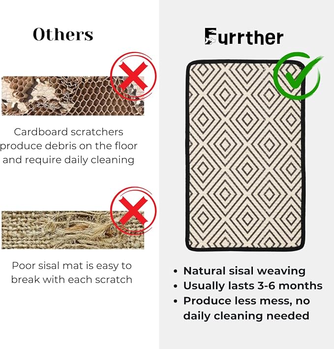 Boho Sisal Cat Scratcher Mat with Adhesive Strips (Scratch Protector for Carpet, Sofa, Wall, Corner Furniture), Durable and Shedding-Resistant Cat Scratching Surface - 13x21.7 inch (Diamond)