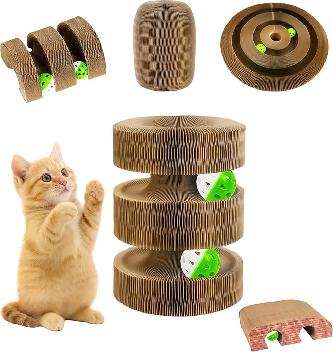 Kitty Kurlz Cat Toys, Magic Organ Cat Scratcher Board with 2 Bell Balls,Twisty Paws Cat Toy Foldable＆Changeable, Interactive Kitty Curls for Indoor Cats Physical & Mental Exercise-Coffee Brown