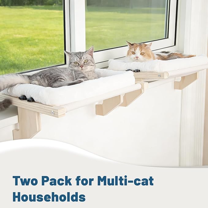 Cat Sill Window Perch - 100% Natural Pine Frame, Soft Rabbit Fur Cushion, Tool-Free Adjustment, Supports 40 lbs (Medium-White)