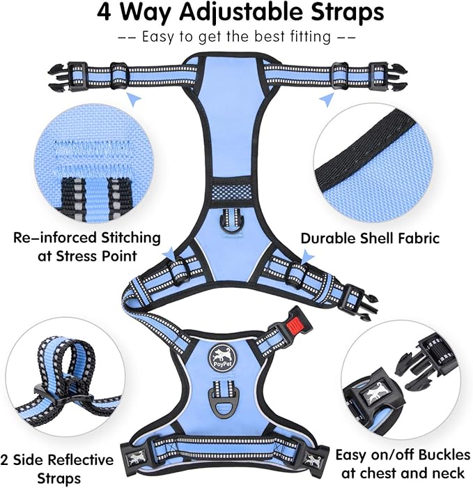PoyPet No Pull Dog Harness, [Release on Neck] Reflective Adjustable No Choke Pet Vest with Front & Back 2 Leash Attachments, Soft Control Training Handle for Small Medium Large Dogs(Light Blue,M)