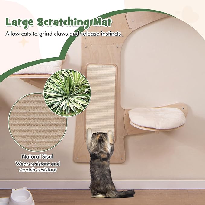 Tangkula Cat Wall Shelves, Wall Mounted Cat Tree Furniture with 4 Padded Platforms, Hammock, Sisal Scratching Mat, Removable & Washable Cushions, 5-Level Cat Climbing Steps for Wall