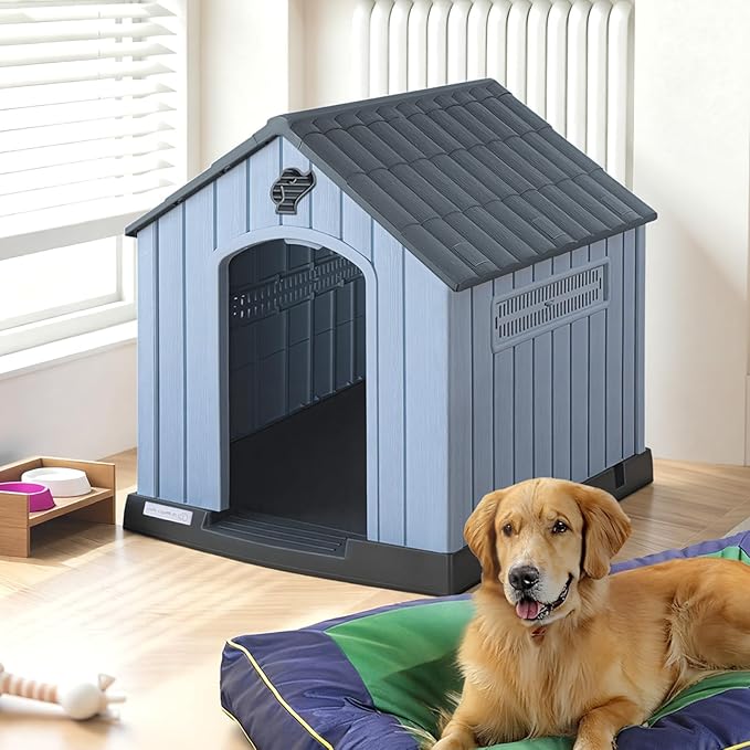 PUKAMI Large Dog House Outdoor Indoor, Plastic Dog House Weatherproof for Large Dogs, Sturdy Puppy Shelter with Air Vents and Elevated Floor, Easy Clean and Assemble (Grey, 37.2" D x 40" W x 40" H)