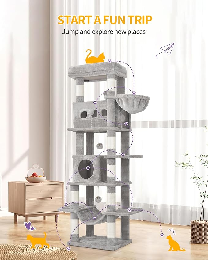 Cat Tree, 66.9" Large Cat Tower for Indoor Cats, Multi-Level Cat House with Condo, 8 Scratching Posts, Hammock, 4 Pom Poms, Light Grey MS17018LG