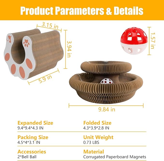 2-ck Cat PaScratcher Toy - Magic Organ Cat Scratching Board with Bell Balls for Indoor Cats Magic Organ Cat Scratcher Interactive Cardboard Cat Toy Scratcher Furniture Protection