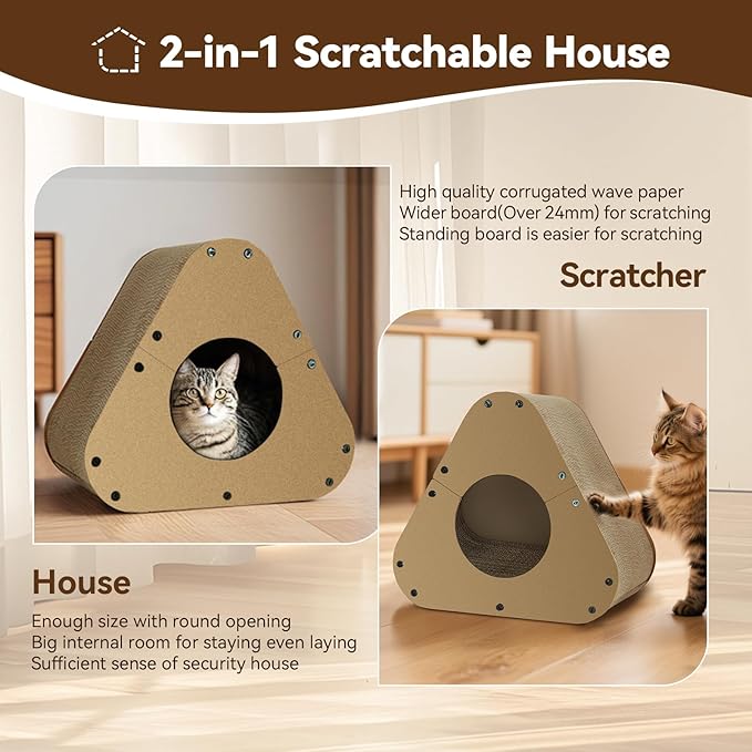 Cat Scratcher House, Cozy Cardboard Design, Safe and Secure for Kittens, Eco-Friendly,Plain Board (Triangles)