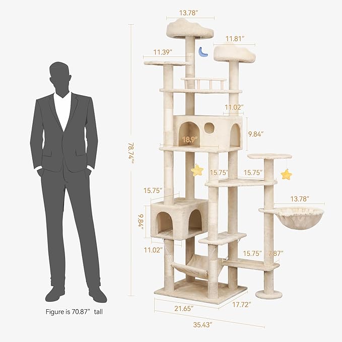 79inch Heavy Duty Cat Tree for Indoor Cats Large Adult, Tall Giant Cat Tower with Scratching Post, Large Perches, Cozy Cat Condos & Hanging Hammocks, Beige