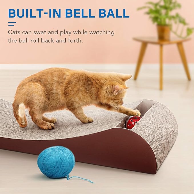 Simple Delxue Cat Scratcher Cardboard Lounge Bed with Bell Ball Toy, 30 Inches Large Horizontal Cat Scratcher Pad, 100% Recyclable & Reversible Durable Cardboard Scratching Board for Indoor Cats