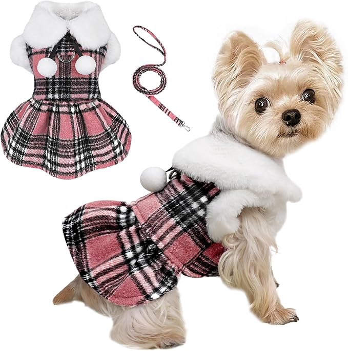 Dog Sweater with Leash Set D Ring Plaid Fleece Dog Clothes for Small Dogs Girl Boy Winter Puppy Dress Cold Weather Coat Fall XXS Sweater for Chihuahua Yorkie Cat Doggy Costumes, Pink, S