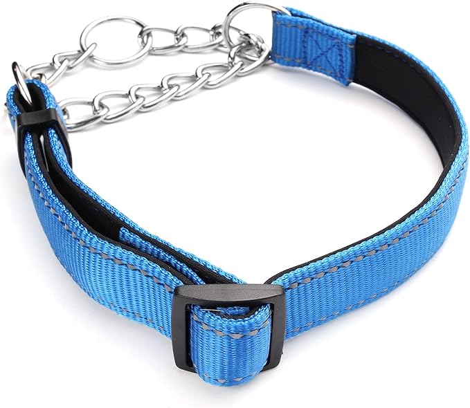 Martingale Dog Collars Adjustable Soft Nylon Reflective Collars with Stainless Steel Chain Walking Training Collars Heavy-Duty Puppy Chain Collars for Small,Medium,Large Dogs(Blue,S)