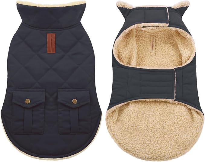 ASENKU Warm Dog Winter Coat, Waterproof Dog Coat for Cold Weather, Fleece Dogs Jacket with Ultra Thick Plush Lining Leash Hole Storage Pockets for Small Dogs (Navy Blue, X-Small)
