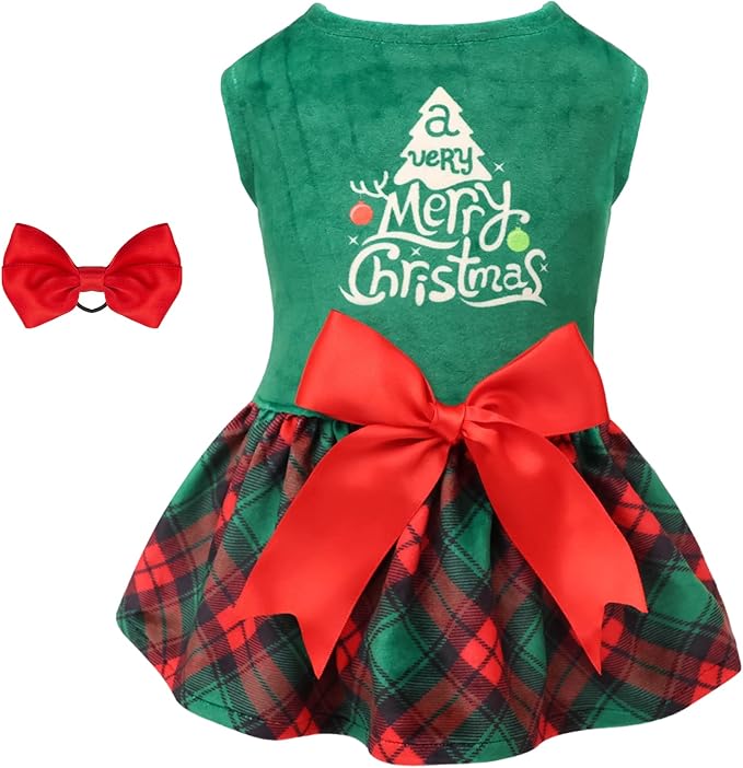 CuteBone Christmas Tree Dog Dress Velvet for Small Dogs Girl Puppy Dresses Green Plaid Dog Clothes CVA05XXS-D