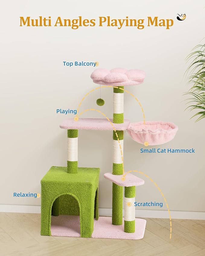 Flower Cat Tree for Indoor Cats, 2-Door Large Cat Condo Cave Bed for Big Adult Cats, 41.2'' Cute Cat Tower with Scratching Posts, Cozy Floral Perch and Hammock for Kittens, Green Pink
