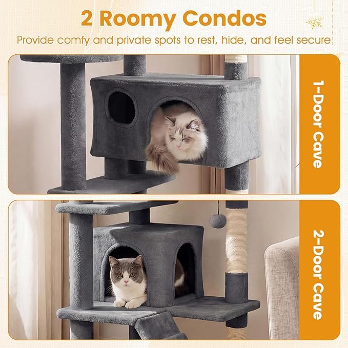 PETSITE 52-inch Cat Tree, Multi-Level Cat Tower with Sisal Scratching Posts, 2 Comfy Condos, Plush Padded Soft Top Perch, Dangling Balls, and Climbing Ladder, Ideal for Indoor Cats (Light Grey)