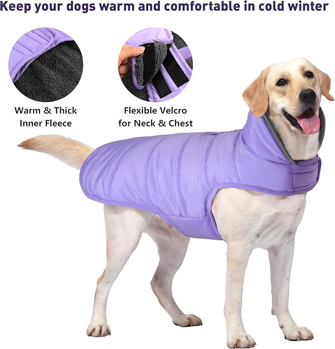 Dog Winter Coat, Waterproof Dog Jacket with Leash Hole, Reflective Adjustable Pet Snow Vest, Warm Fleece Sweater for Small Medium Large Dogs - Light Purple, 3XL