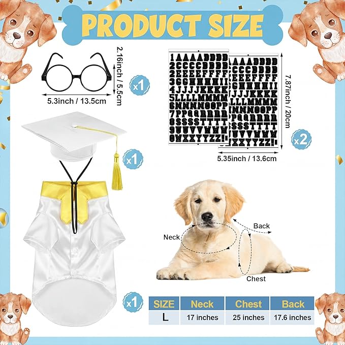5 Pcs Dog Graduation Costume Set Include 2026 Pet Graduation Gown with Stole Puppy Grad Cap Lensless Glasses DIY Letter Stickers for Dogs Cats Holiday Costume Accessory(White Gold,L)