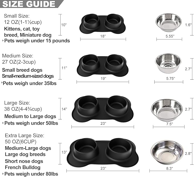 Pet Deluxe Dog Bowls Stainless Steel Bowls with No Spill Skid Resistant Silicone Mat, 24oz 48oz Dog Food and Water Bowl Set Feeder for Small Medium Large Size,Dogs,Cats Pets Puppy Dish