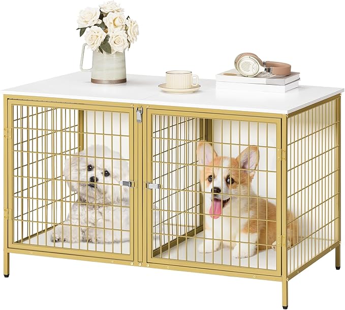 Dog Crate Furniture for 2 Dogs, 43.3" Dog Kennel with Removable Divider, Heavy Sturdy Dog Furniture Style Double Cage for Small Medium Dog, Indoor Pet House End Table, White and Gold
