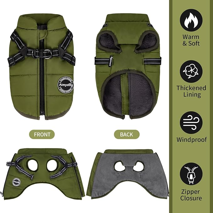 Warm Dog Winter Coat, Dog Cold Weather Jacket with Built-in Harness, Reflective & Adjustable Comfortable Pet Vest, Windproof Apparel for Small Medium Large Dogs (Green)
