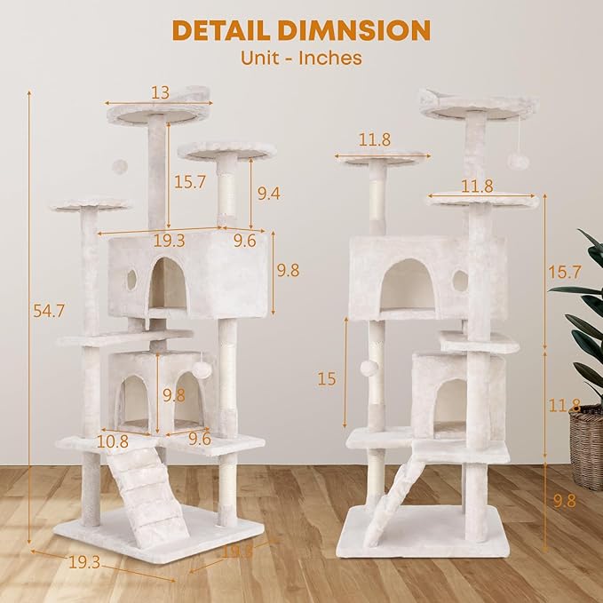 54inCat Tree Tower for Indoor Cats, Cat Tower with Cat Scratching Post, Multi-Level Cat Furniture, Cat Tower with Funny Toys for Kittens-Beige