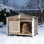 GUTINNEEN Heated Dog House Outdoor with Heating Pad and Insulated Liner, Wooden Dog Kennel with Anti-Chewing Metal Frame, Weatherproof Dog Shelter with Bowls for Outdoor or Indoor Use (Light Brown)
