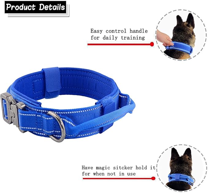 Tactical Dog Collar with Heavy Duty Metal Buckle and Control Handle for Medium Large Dogs Training(Bright Blue, X-Large)