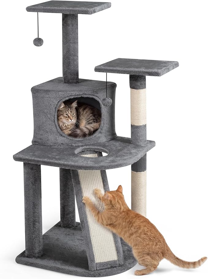 Tangkula Corner Cat Tree, Multi-Level Cat Tower with Top Perches & Cozy Condo, Natural Sisal Scratching Posts & Climbing Ladder, Playful Cat Hole & Hanging Balls, Climbing Play Center (Light Gray)