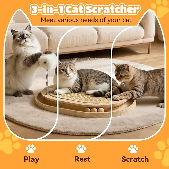 Cat Scratcher, Natural Sisal Scratching Pad, Kitten Interactive Toy with Ball Track & 3 Spring Plush Toys for Chasing Hunting Exercise, Round Wooden Cat Scratchers for Indoor