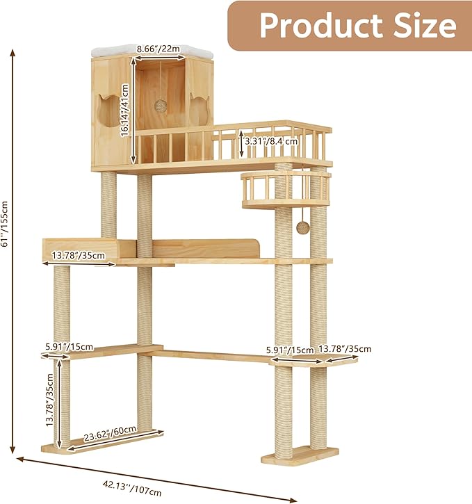 Corner Cat Tree for Automatic Litter Box, 61'' Tall Wood Cat Tower for Self Cleaning Litter Box, Cats Tree for Indoor Cats Large Adult, 6-Level Solid Wood Cat Furnitue w/12Pcs Scratching Post