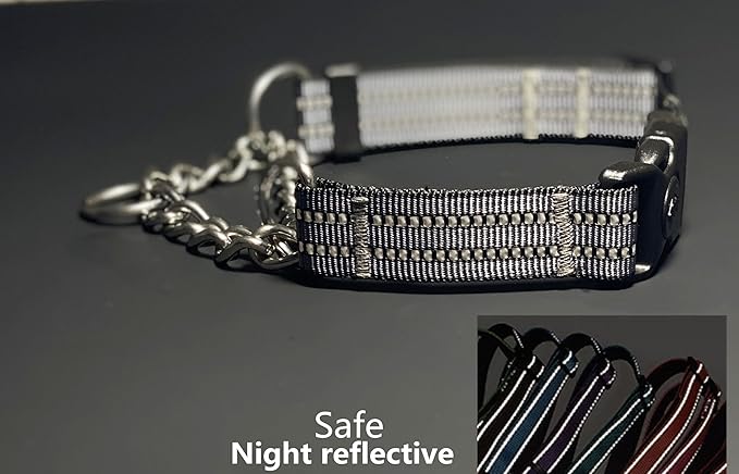 Martingale Collars for Dogs, Heavy Duty Stainless Steel Chain Training Collar, Reflective Nylon Adjustable Collar with Quick Release Buckle, Suitable for Puppy Medium Large Dogs (Gray, L)