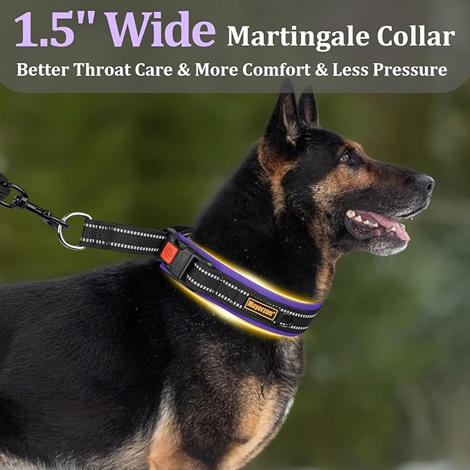 Mayerzon 1.5" Wide Martingale Collar for Large Medium Small Dogs Pitbull German Shepherd, No Pull Reflective Slip Martingale Dog Collar with Buckle Soft Padded for Walking Training(Purple,XL)