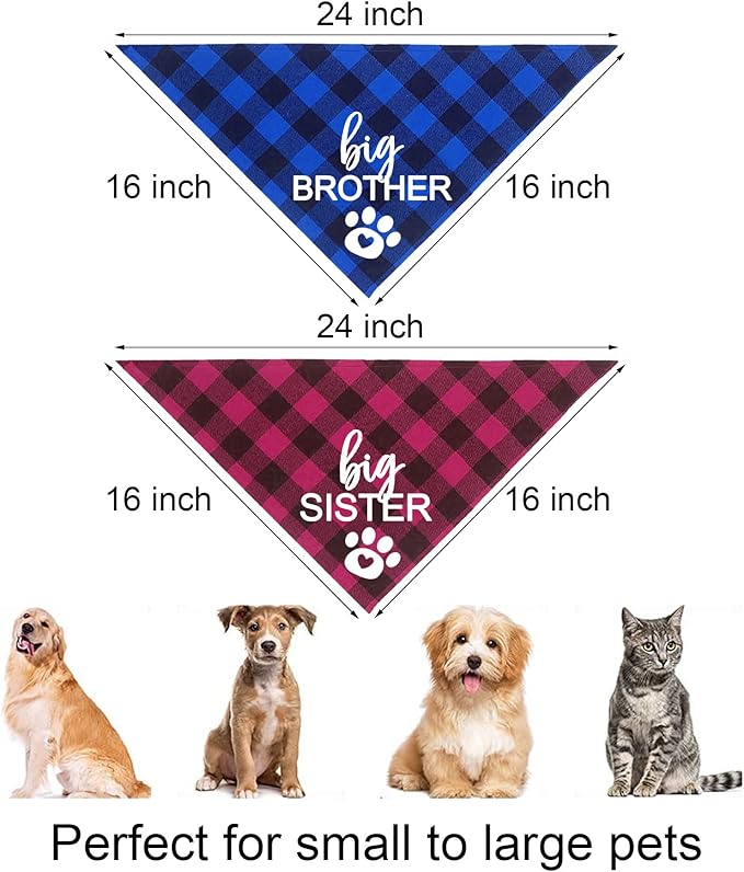 Big Brother Big Sister Dog Bandana, Plaid Pregnancy Announcement Dog Bandanas for Dogs (Blue and Pink, Big Brother and Big Sister)